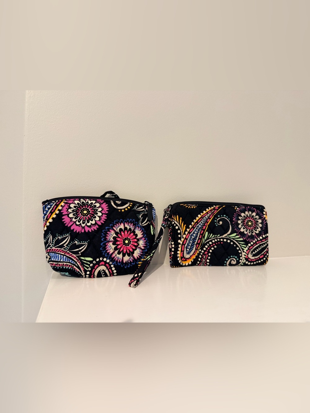 Vera Bradley Black Quilted Floral Paisley Cosmetic Bag & Zip Wallet Set